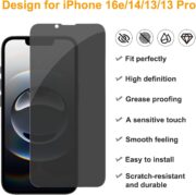 PEHAEL 3 Pack for iPhone 17e/iPhone 16e/iPhone 14/iPhone 13/iPhone 13 Pro Privacy Screen Protector Full Coverage Anti-Spy Tempered Glass Film 9H Hardness Easy Installation Bubble Free [6.1 inch] - Image 2
