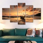 Wall Art Canvas Prints 5 Piece Seascape Painting Sunset Beach Boat Posters on the Wall - Image 2