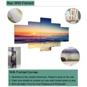 Wall Art Canvas Prints 5 Piece Seascape Painting Sunset Beach Boat Posters on the Wall - Image 4