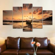 Wall Art Canvas Prints 5 Piece Seascape Painting Sunset Beach Boat Posters on the Wall
