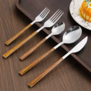 30pcs Stainless Steel Imitation Wooden Handle Cutlery Set Dinnerware Clamp