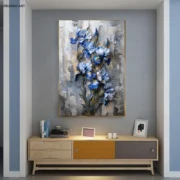 Abstract Art Floar Canvas Print Poster, A Painting Of Blue Flowers On A Wall - Image 2