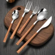30pcs Stainless Steel Imitation Wooden Handle Cutlery Set Dinnerware Clamp - Image 2