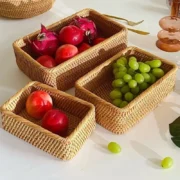 Handwoven Rectangular Rattan Wicker Basket Fruit Tea Snack Bread Picnic Cosmetic Storage - Image 2