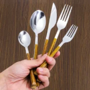 30pcs Stainless Steel Imitation Wooden Handle Cutlery Set Dinnerware Clamp - Image 4