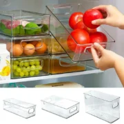 1pc Refrigerator Organizer Bins Stackable Fridge Food Storage Box With Handle Clear Plastic